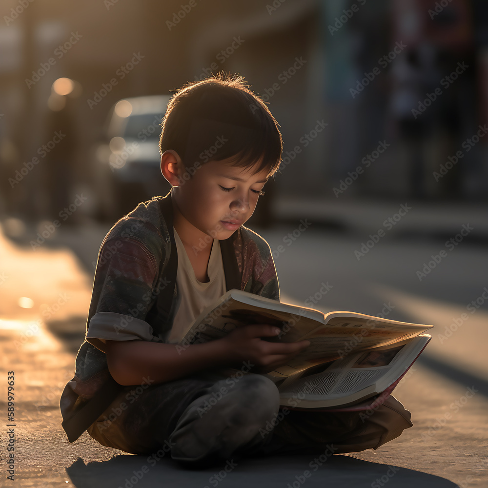 niño leyendo en la calle